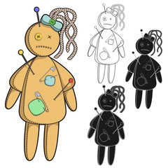 Vector set of images with a voodoo doll. Isolated objects on a white background.