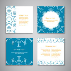 Set of vector cards with aztec ornament and frames. Template for menu, gift card or packing. Blue and orange colors.