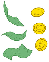 Set of cartoon greenback and coins