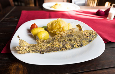 Photo of cooked trout fish on a plate with lemon, cream and mamaliga corn meal. Romanian traditional dish.