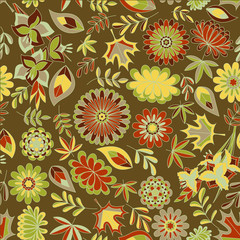 Autumn seamless pattern with flowers and leaves colorful