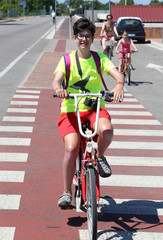 happy boy ride on the bike with the family