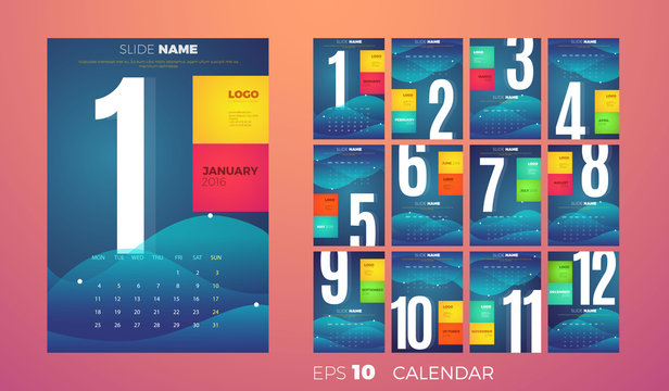 Wall Monthly Calendar 2016. Vector Template