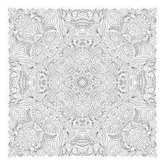Coloring book square page for adults - floral authentic carpet design, joy to older children and adult colorists, who like line art and creation, vector illustration