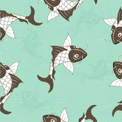 Koi chinese carp seamless pattern. Vector blue background with fish