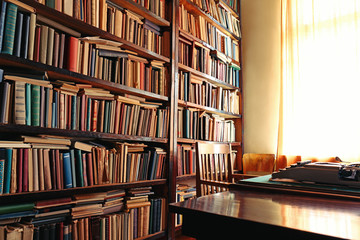 Old bookshelf in library - obrazy, fototapety, plakaty