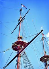 Ship lookout tower or mast with clear blue sky.