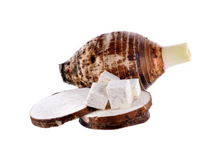 Taro root slices on white background