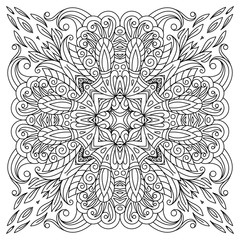 Coloring book square page for adults - floral authentic carpet design, joy to older children and adult colorists, who like line art and creation, vector illustration
