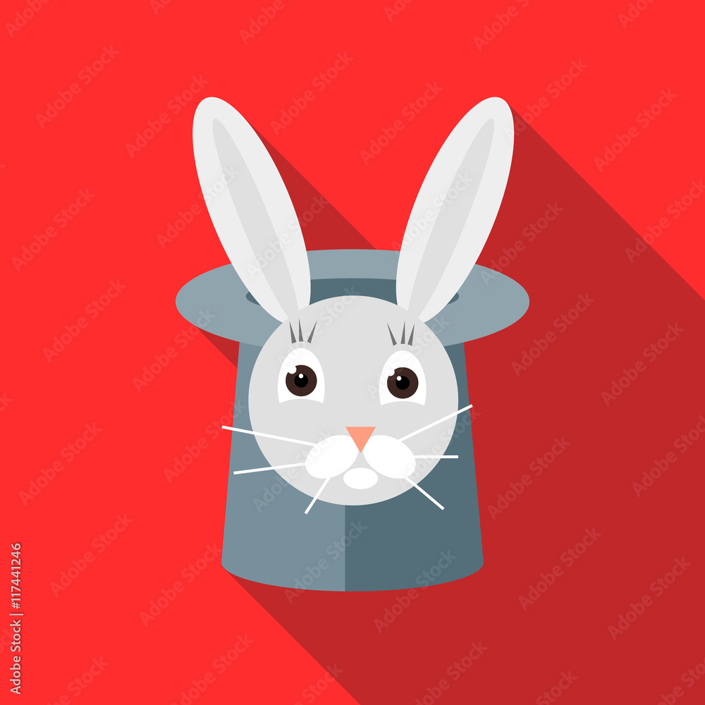 Poster rabbit in a top magic hat icon in flat style on a red background