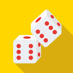 Two rolling white dice icon in flat style on a yellow background