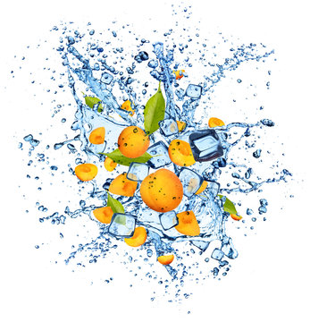 Apricots in water splash on white background