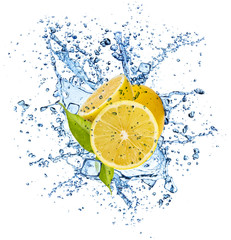 Naklejka na ściany i meble Lemon in water splash on white background