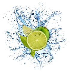Fototapeta na wymiar Lime in water splash on white background
