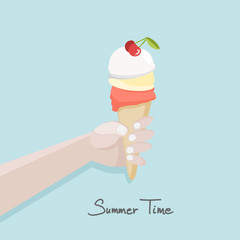 Arm holding an ice cream cone, summer vector flat design illustration, object