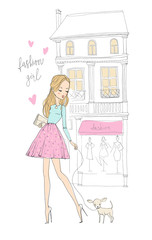 Cute girl with dog in city