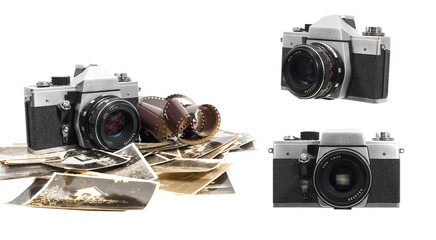 alter antiker analoger fotoapparat mit bildern und filmrolle