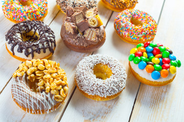 Donut. Sweet icing sugar food. Dessert colorful snack.