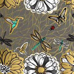 Seamless pattern flowers, butterflies, hummingbirds, dark background