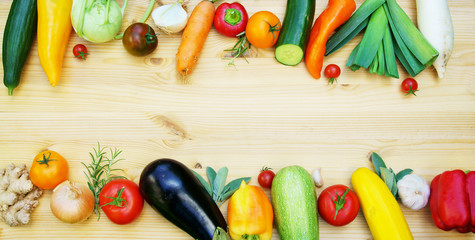 Vegetables, flat lay, Gemüse, Vielfalt, Sommergemüse, Panorama, hochauflösend, Textraum, Copy...