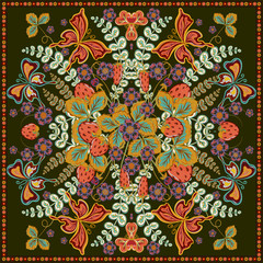 Fond floral de couleur décorative, motif fraise et cadre en dentelle ornée. Impression de tissu de châle de bandana, écharpe de cou en soie, conception de foulard, illustration vectorielle. Décoration ronde ethnique tribale