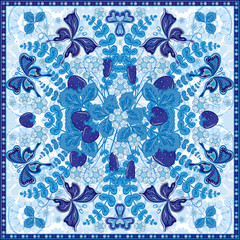 Decorative color floral background, strawberry pattern and ornate lace frame. Bandanna shawl fabric print, silk neck scarf, kerchief design, vector illustration. Tribal ethnic round decoration