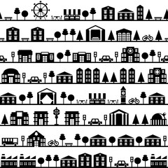 seamless pattern black and white with city buildings silhouettes, urban landscape