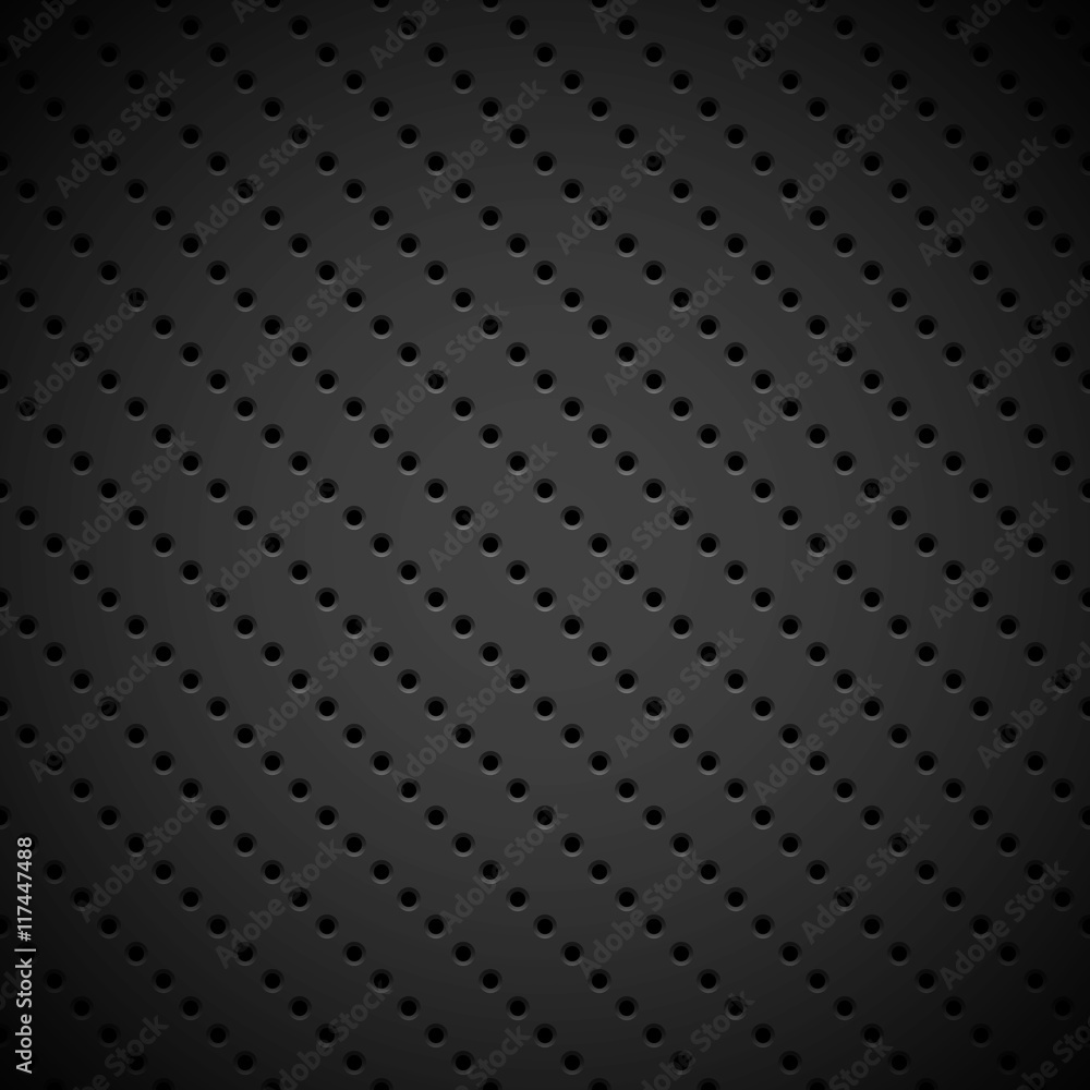 Poster black abstract technology background with seamless circle perforated pattern, speaker grill texture 