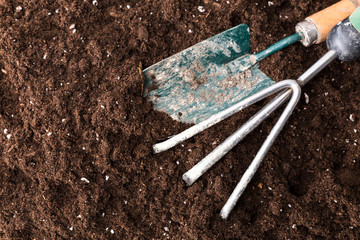 A gardening shovel on a soil background, gardening shovel