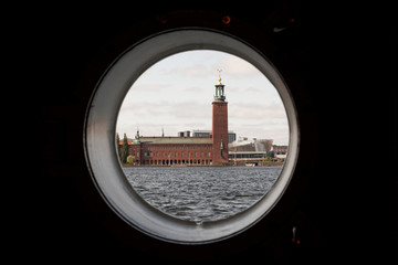 City Hall in Stockholm, Scandinavia, Sweden, Europe view from the porthole of the ship