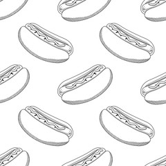 Hot dog  doodle style. seamless pattern, vector background.