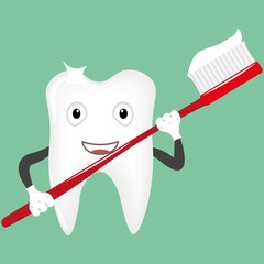 Tooth with a toothbrush smiling