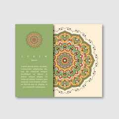 Template for brochure card with hand drawn colorful mandala. Vin