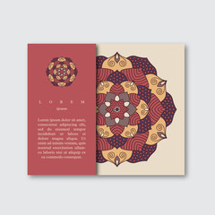 Template for brochure card with hand drawn colorful mandala. Vin