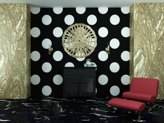 3D illustration of red modern armchair in gold and bright room © lisunovalena