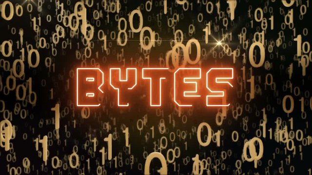 Seamless looping animation with the word Bytes composed into falling golden binary code