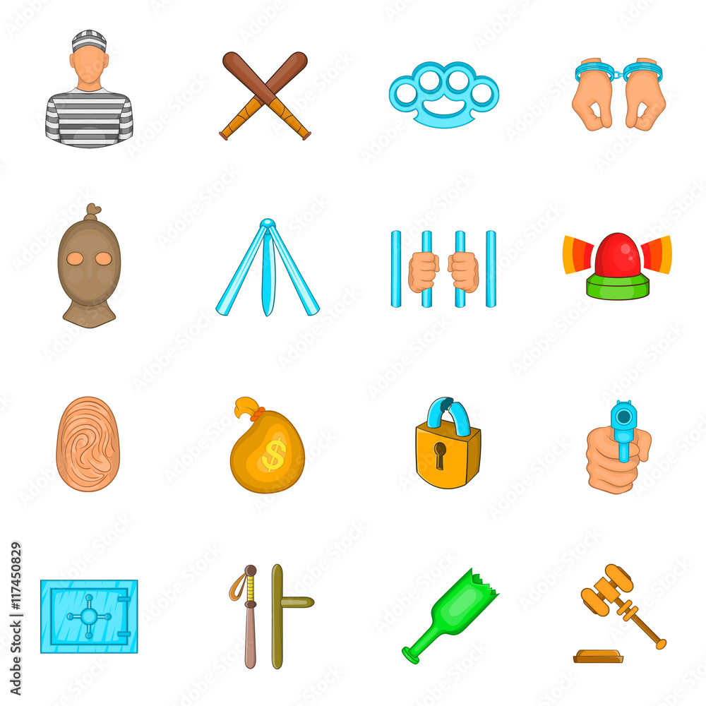 Aufkleber cartoon crime icons set. universal crime icons to use for web and mobile ui, set of basic crime elem