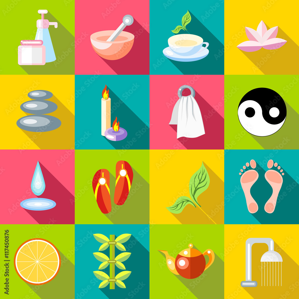 Poster flat spa icons set. universal spa icons to use for web and mobile ui, set of basic spa elements vect