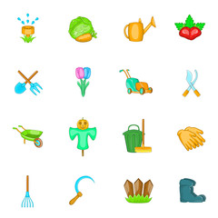 Garden icons set in cartoon style. Gardening set isolated vector illustration
