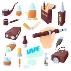 Cartoon electronic cigarettes icons set. Universal electronic cigarettes icons to use for web and mobile UI, set of basic electronic cigarettes elements isolated vector illustration