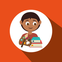 child with a palette of paints and books isolated icon design