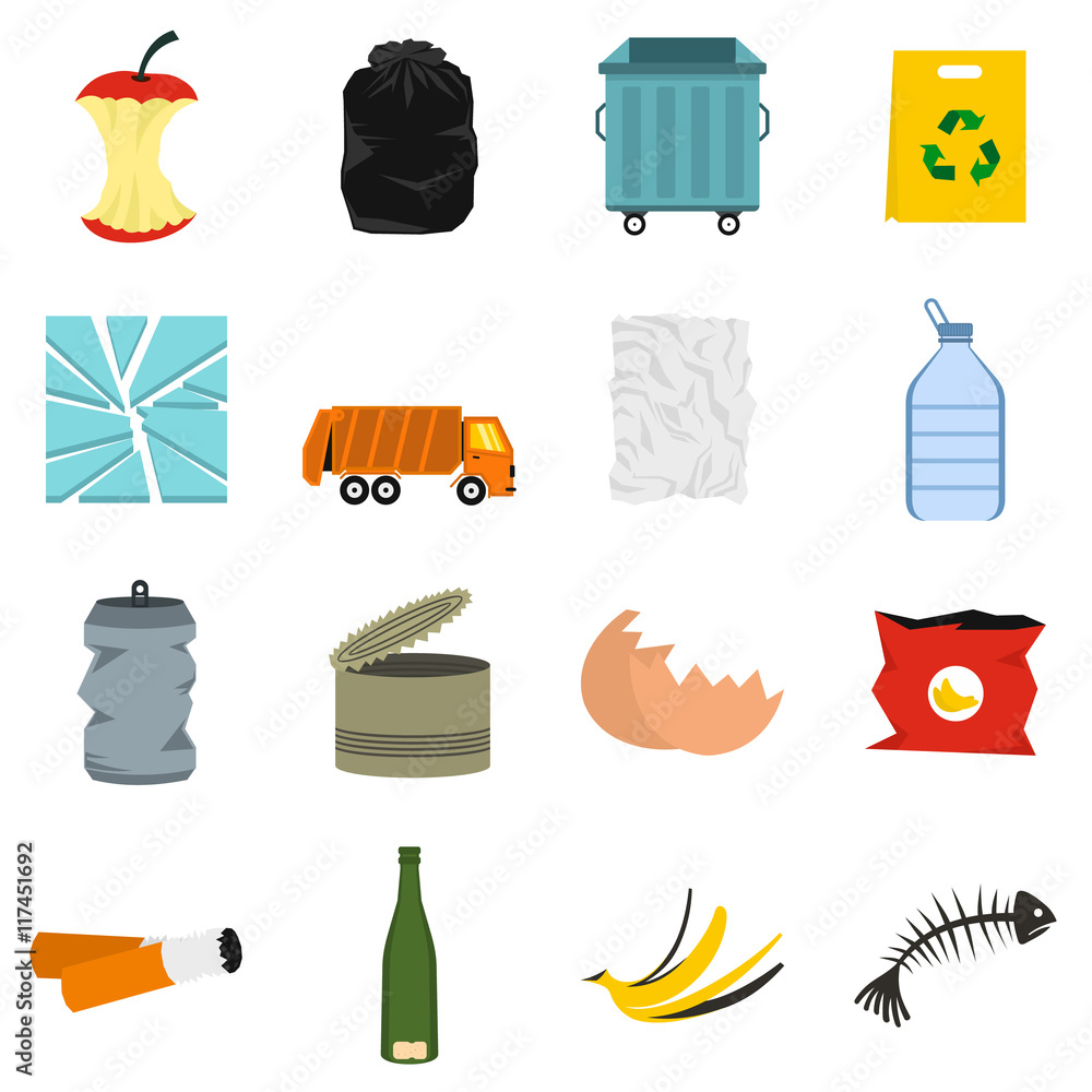 Poster flat garbage icons set. universal garbage icons to use for web and mobile ui, set of basic garbage e