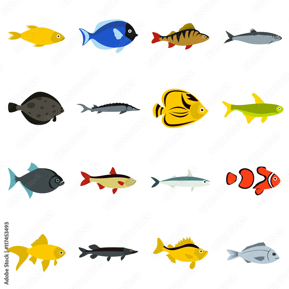Poster flat fish icons set. universal fish icons to use for web and mobile ui, set of basic fish elements i
