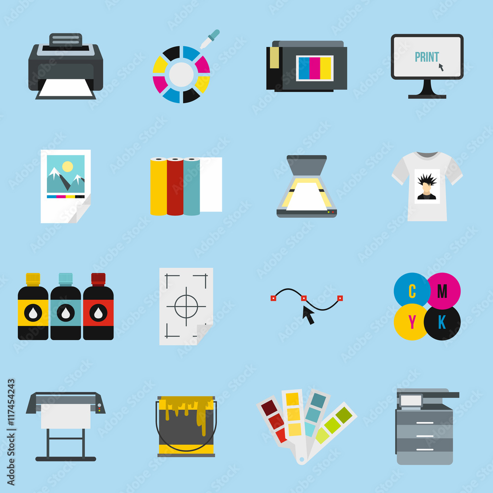 Poster flat printing icons set. universal printing icons to use for web and mobile ui, set of basic printin