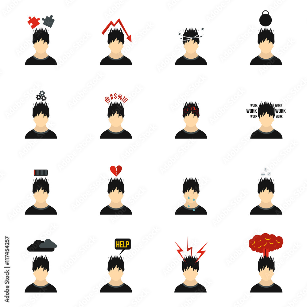 Poster flat stress icons set. universal stress icons to use for web and mobile ui, set of basic stress elem
