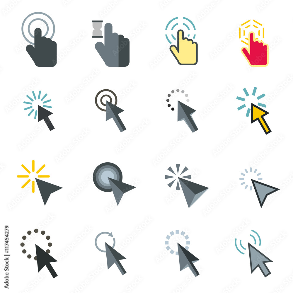 Poster flat mouse pointer icons set. universal mouse pointer icons to use for web and mobile ui, set of bas
