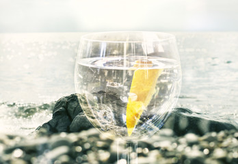 Fototapeta na wymiar Orange slice in glass and sea