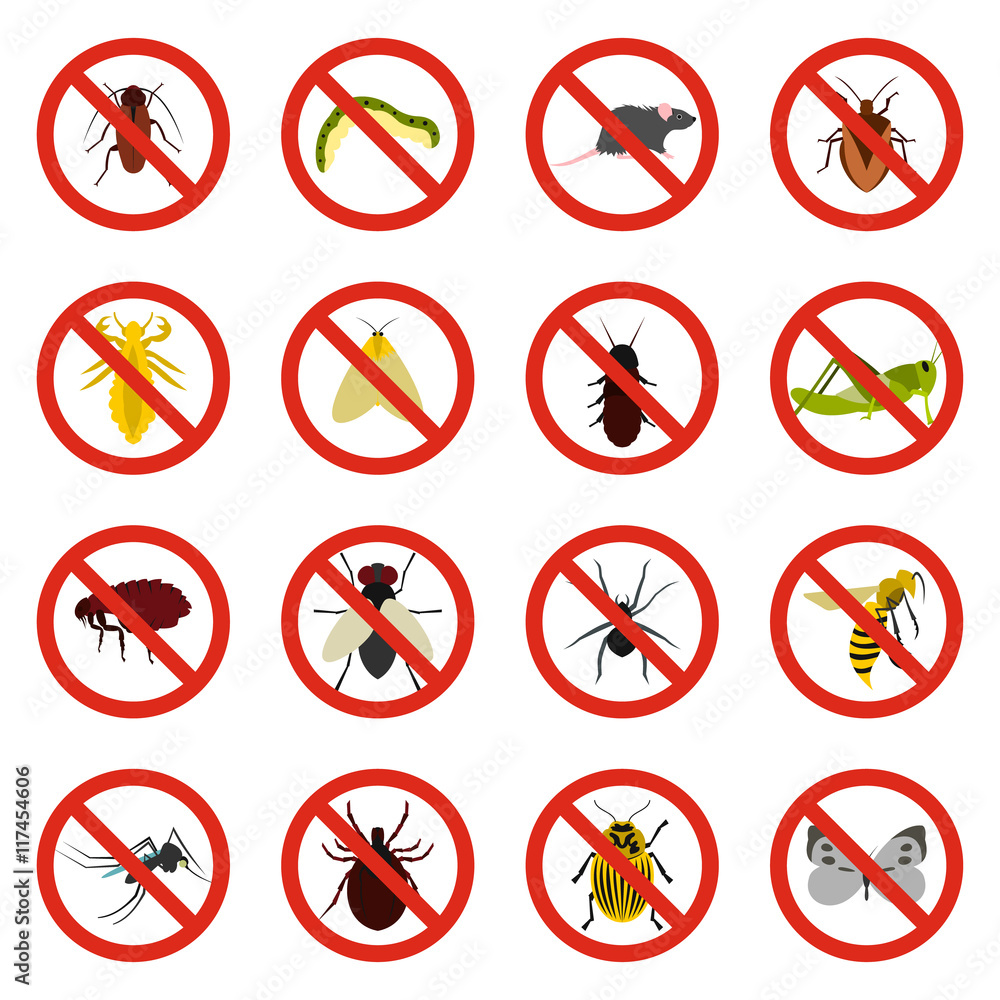 Poster flat no insect sign icons set. universal no insect sign icons to use for web and mobile ui, set of b