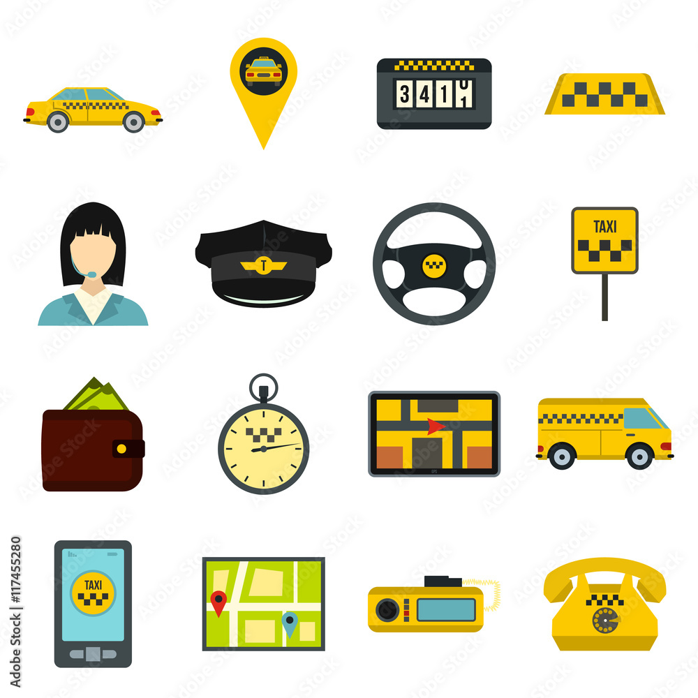 Poster flat taxi icons set. universal taxi icons to use for web and mobile ui, set of basic taxi elements i