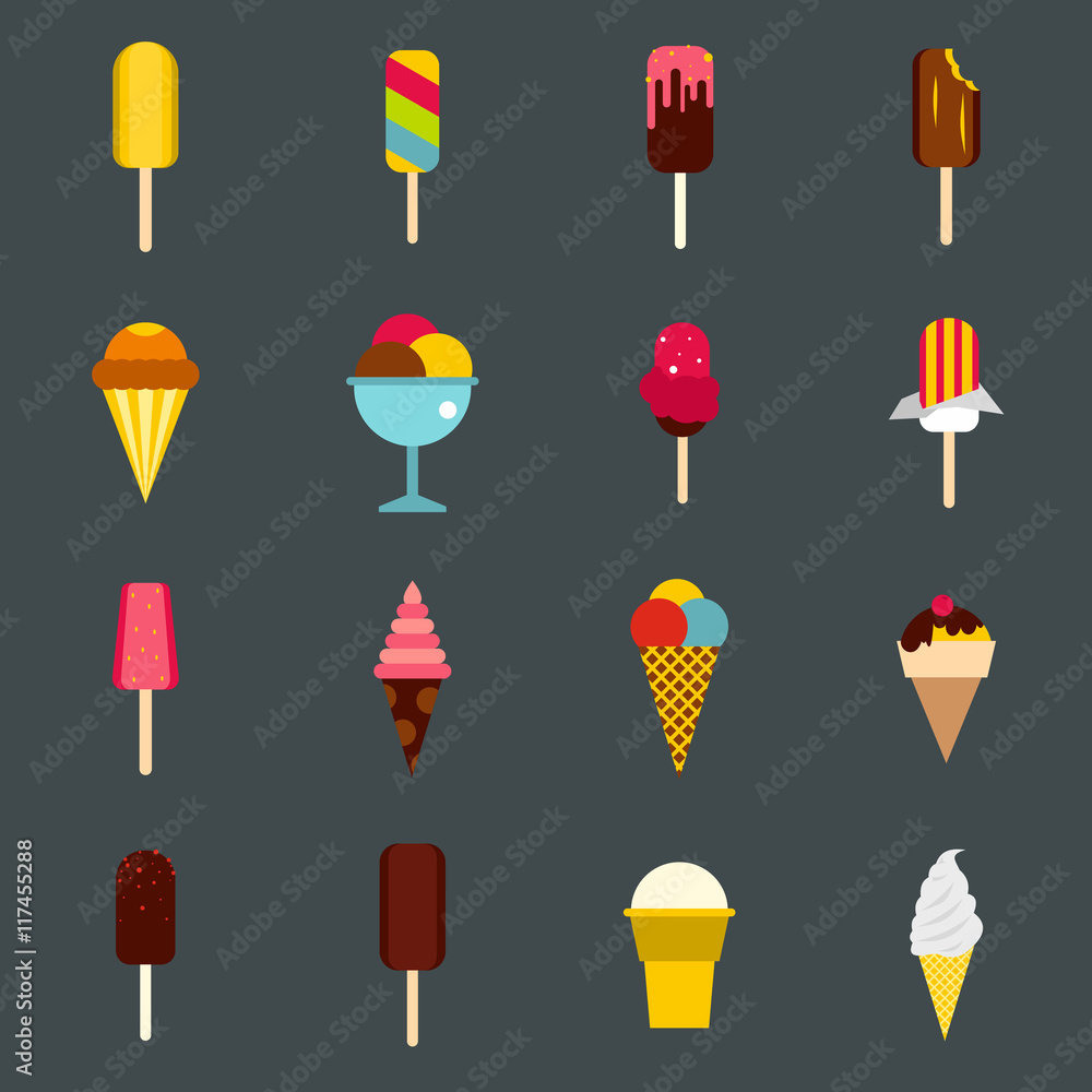 Poster Flat ice cream icons set. Universal ice cream icons to use for web and mobile UI, set of basic ice cream elements isolated vector illustration